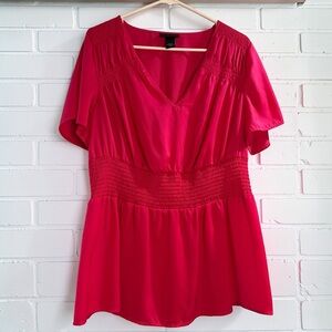 Lane Bryant Smocked Waist V Neck Blouse Fuchsia Pink 14/16 Boho
